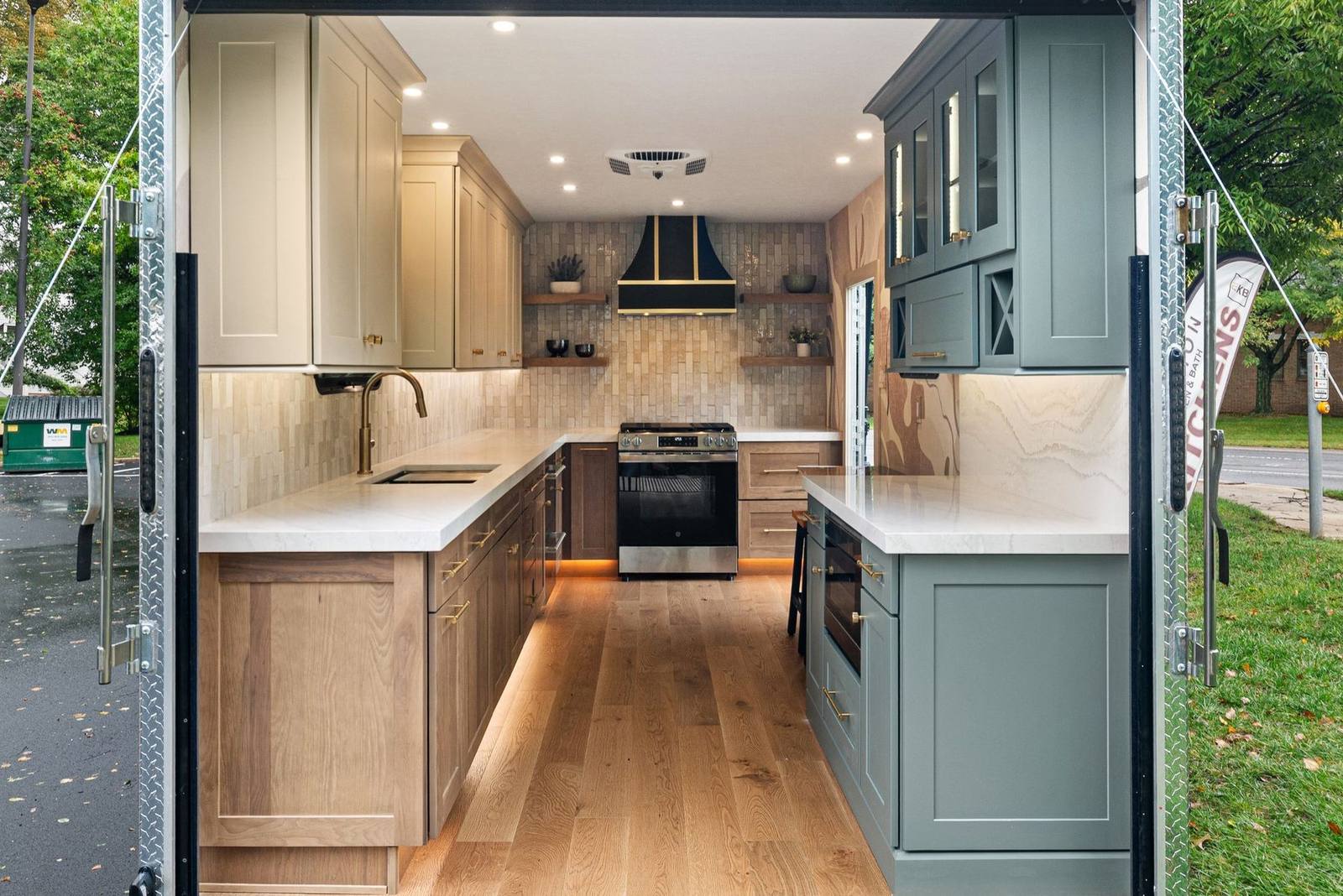 Wide view showing the kitchen inside the trailer